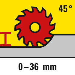 Einstellbare Schnitttiefe bis 36 mm bei Gehrungsschnitten