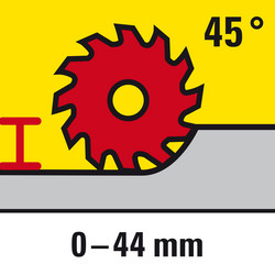 Einstellbare Schnitttiefe bis 44 mm bei Gehrungsschnitten